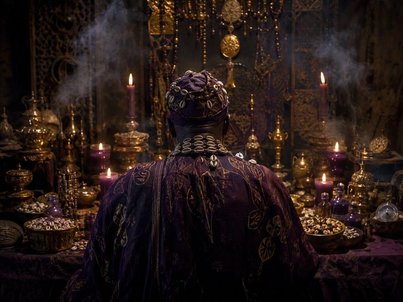 Master Dansira — Marabout africain en plein rituel spirituel, de dos devant son autel